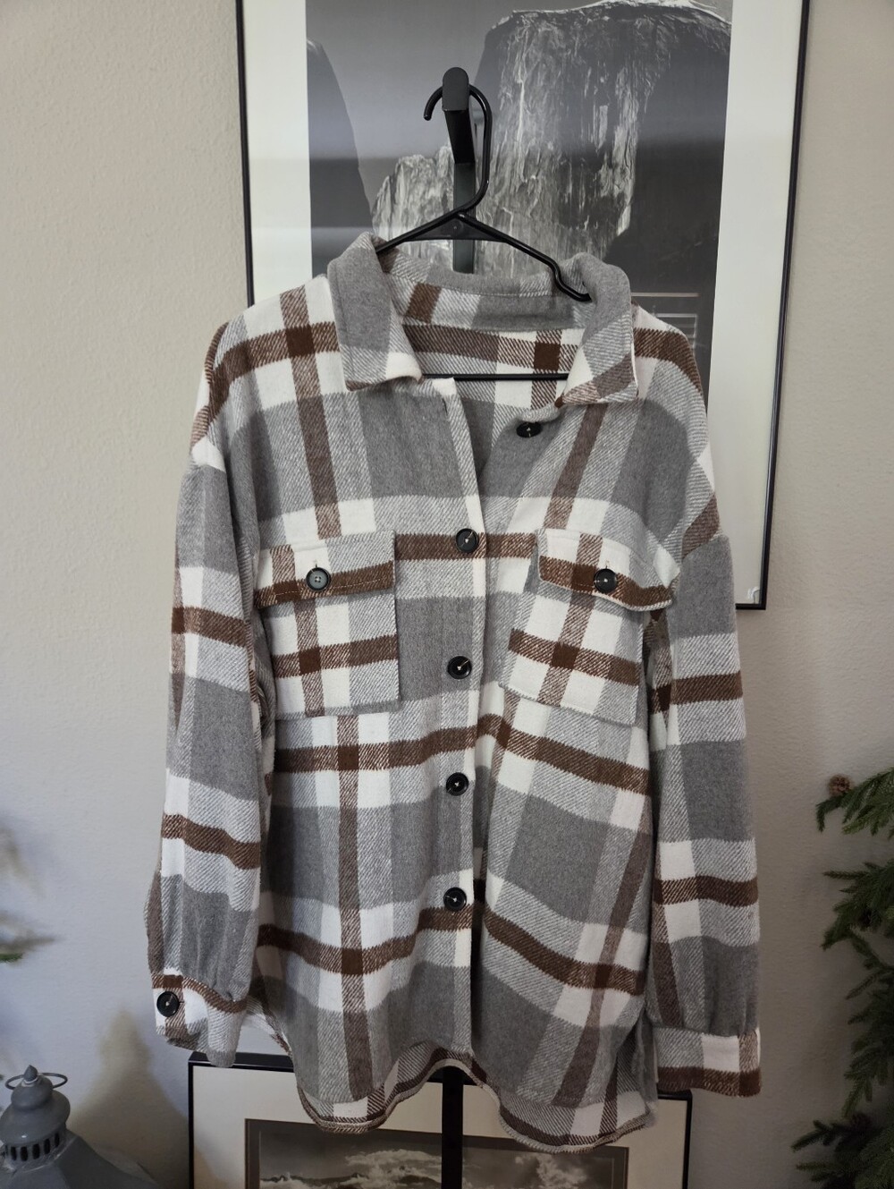Oversized Plaid Shacket Jacket in Brown & Cream - Picture 2 of 3